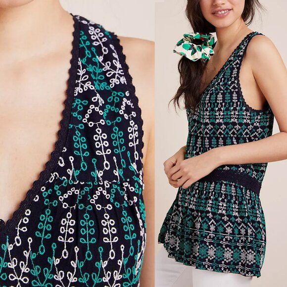 Anthropologie Maeve Cammie Embroidered Peplum Top XS V Neck Preppy Boho Classic - Picture 4 of 16